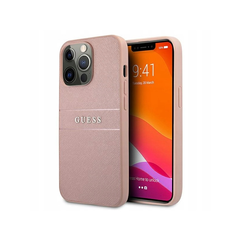 Guess Saffiano Stripe — etui do iPhone 13 Pro Max, różowe