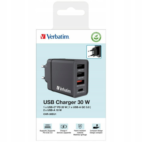 Ładowarka sieciowa 30W USB-C PD czarna Quick Charge Verbatim