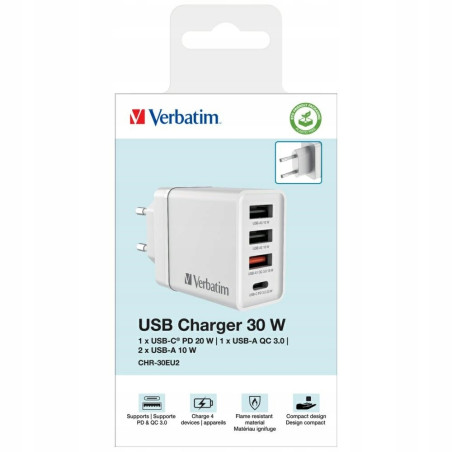 Ładowarka sieciowa 30W Verbatim USB-C USB-A PD Quick Charge 3.0 biała