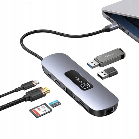 USAMS Adapter HUB 10w1 3xUSB 3.0/TF/SD/USB-C/HDMI/RJ45/VGA PD100W szar