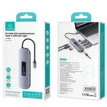 USAMS Adapter HUB 10w1 3xUSB 3.0/TF/SD/USB-C/HDMI/RJ45/VGA PD100W szar