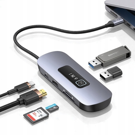 USAMS Adapter HUB 6w1 2xUSB 3.0/TF/SD/USB-C/HDMI PD100W szary/tarnish 