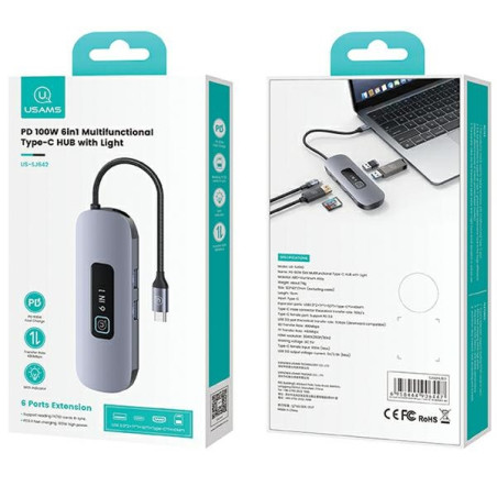 USAMS Adapter HUB 6w1 2xUSB 3.0/TF/SD/USB-C/HDMI PD100W szary/tarnish 