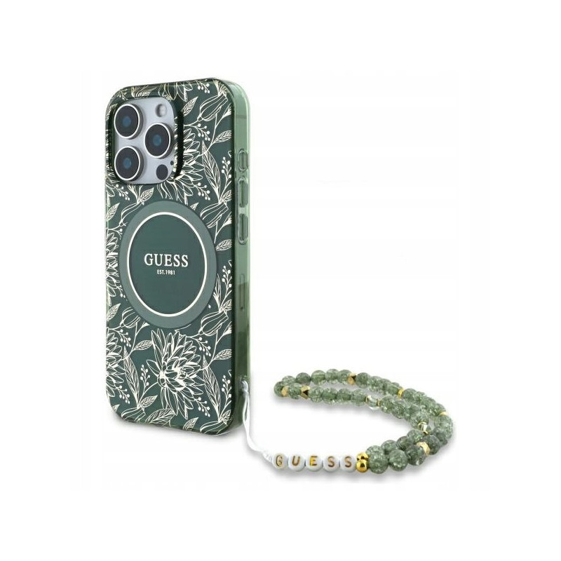 Guess MagSafe IML Flowers perłowy — etui do iPhone 16 Pro Max, zielone