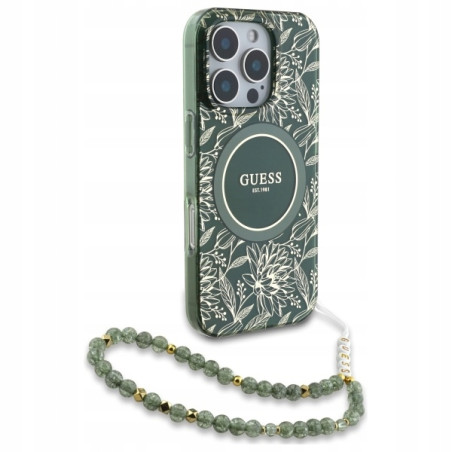 Guess MagSafe IML Flowers perłowy — etui do iPhone 16 Pro Max, zielone