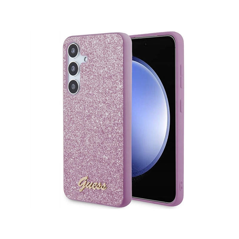 Guess Glitter Script brokatowe — etui do Galaxy S24, fioletowe