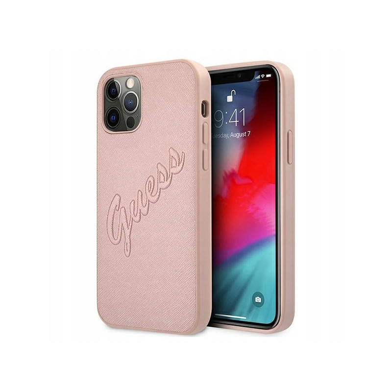 Guess Saffiano Vintage Script — etui do iPhone 12 Pro Max, różowe