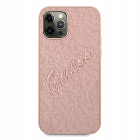 Guess Saffiano Vintage Script — etui do iPhone 12 Pro Max, różowe