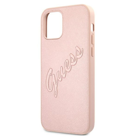 Guess Saffiano Vintage Script — etui do iPhone 12 Pro Max, różowe