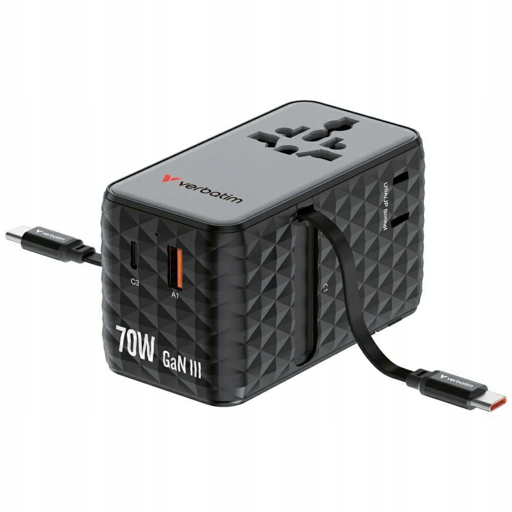 Adapter podróżny EU/UK/US GaN 70W USB-C USB-A czarny Verbatim