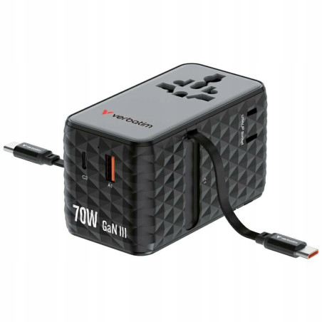 Adapter podróżny EU/UK/US GaN 70W USB-C USB-A czarny Verbatim
