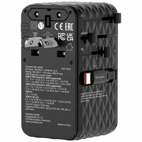 Adapter podróżny EU/UK/US GaN 70W USB-C USB-A czarny Verbatim