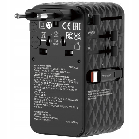 Adapter podróżny EU/UK/US GaN 70W USB-C USB-A czarny Verbatim