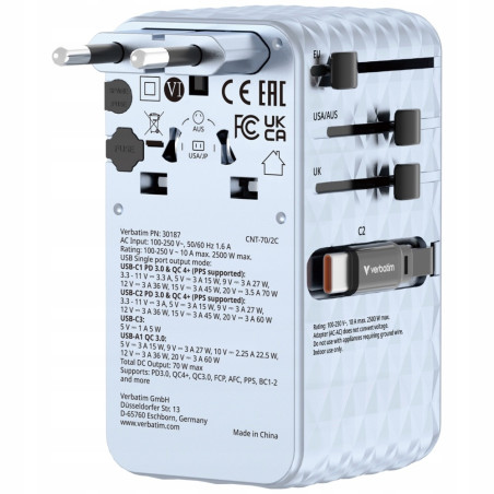 Adapter podróżny Verbatim EU/UK/US GaN 70W USB-C USB-A PD
