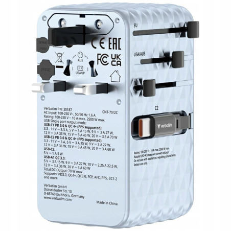 Adapter podróżny Verbatim EU/UK/US GaN 70W USB-C USB-A PD