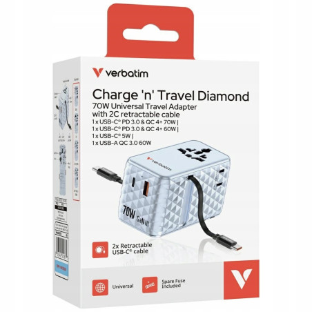 Adapter podróżny Verbatim EU/UK/US GaN 70W USB-C USB-A PD