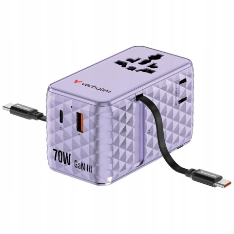 Adapter podróżny EU/UK/US GaN 70W PD 1xUSB C A 2xUSB fioletowy Verbati