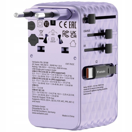 Adapter podróżny EU/UK/US GaN 70W PD 1xUSB C A 2xUSB fioletowy Verbati
