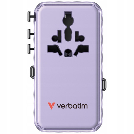 Adapter podróżny EU/UK/US GaN 70W PD 1xUSB C A 2xUSB fioletowy Verbati