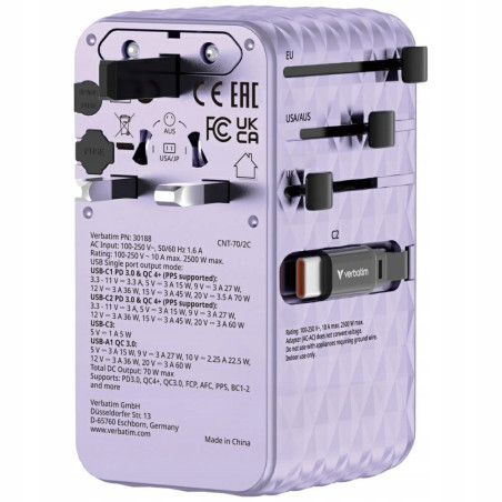 Adapter podróżny EU/UK/US GaN 70W PD 1xUSB C A 2xUSB fioletowy Verbati