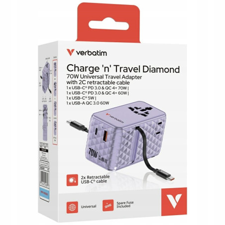 Adapter podróżny EU/UK/US GaN 70W PD 1xUSB C A 2xUSB fioletowy Verbati