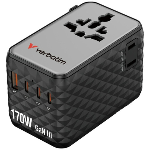Adapter podróżny EU/UK/US GaN 170W 2xUSB-A 3xUSB-C PD czarny Verbatim