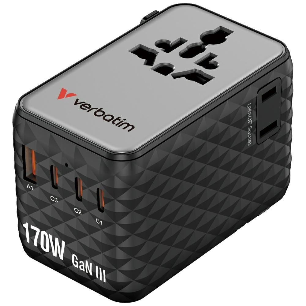 Adapter podróżny EU/UK/US GaN 170W 2xUSB-A 3xUSB-C PD czarny Verbatim