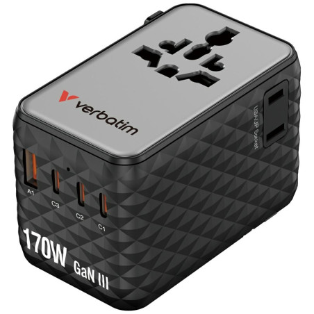 Adapter podróżny EU/UK/US GaN 170W 2xUSB-A 3xUSB-C PD czarny Verbatim