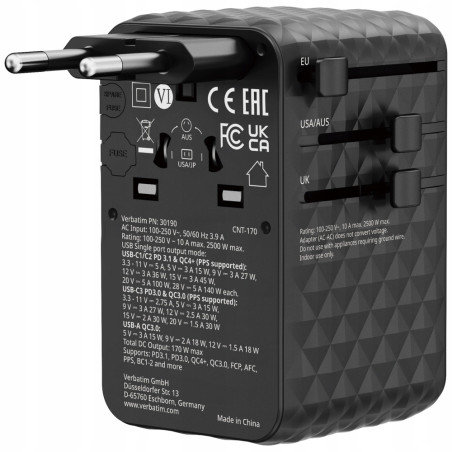 Adapter podróżny EU/UK/US GaN 170W 2xUSB-A 3xUSB-C PD czarny Verbatim
