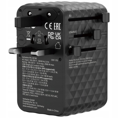 Adapter podróżny EU/UK/US GaN 170W 2xUSB-A 3xUSB-C PD czarny Verbatim