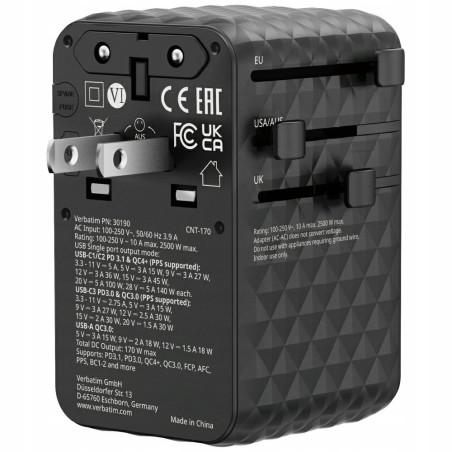 Adapter podróżny EU/UK/US GaN 170W 2xUSB-A 3xUSB-C PD czarny Verbatim