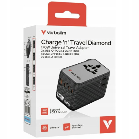 Adapter podróżny EU/UK/US GaN 170W 2xUSB-A 3xUSB-C PD czarny Verbatim