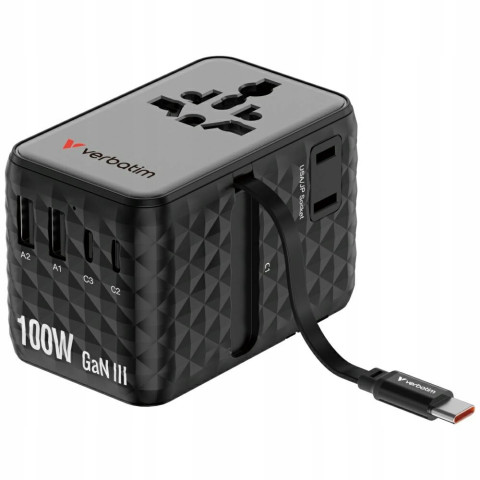 Adapter podróżny Verbatim EU/UK/US GaN 100W USB-C 2xUSB-A PD czarny