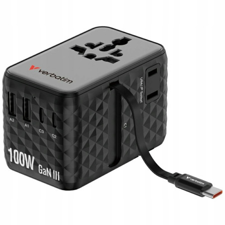Adapter podróżny Verbatim EU/UK/US GaN 100W USB-C 2xUSB-A PD czarny