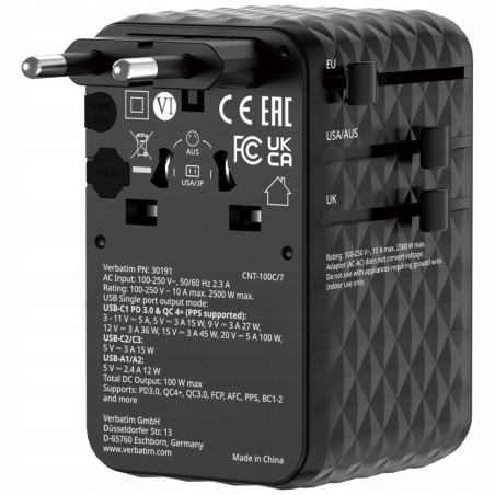 Adapter podróżny Verbatim EU/UK/US GaN 100W USB-C 2xUSB-A PD czarny