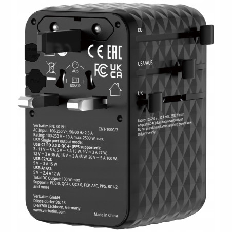 Adapter podróżny Verbatim EU/UK/US GaN 100W USB-C 2xUSB-A PD czarny