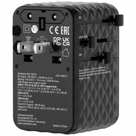 Adapter podróżny Verbatim EU/UK/US GaN 100W USB-C 2xUSB-A PD czarny