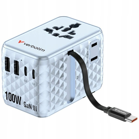 Adapter podróżny Verbatim EU/UK/US GaN 100W 2xUSB-C 1xUSB-A niebieski
