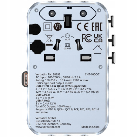 Adapter podróżny Verbatim EU/UK/US GaN 100W 2xUSB-C 1xUSB-A niebieski