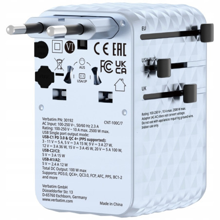 Adapter podróżny Verbatim EU/UK/US GaN 100W 2xUSB-C 1xUSB-A niebieski