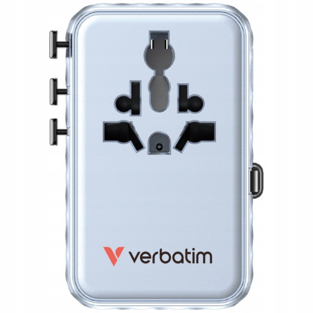 Adapter podróżny Verbatim EU/UK/US GaN 100W 2xUSB-C 1xUSB-A niebieski