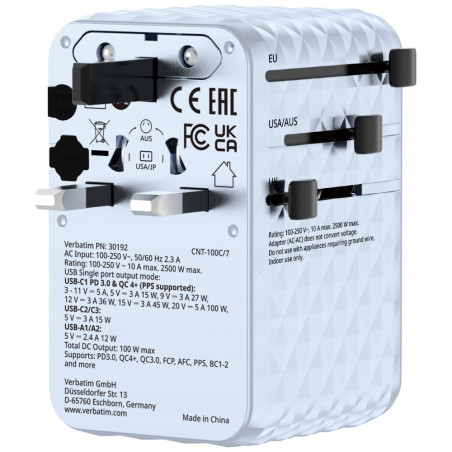 Adapter podróżny Verbatim EU/UK/US GaN 100W 2xUSB-C 1xUSB-A niebieski