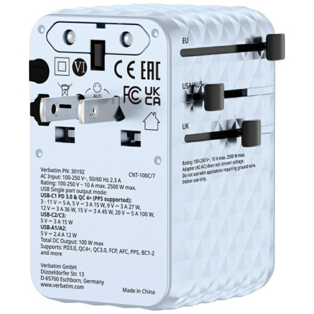Adapter podróżny Verbatim EU/UK/US GaN 100W 2xUSB-C 1xUSB-A niebieski