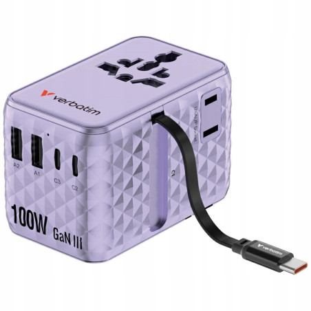 Adapter podróżny EU/UK/US GaN 100W PD fioletowy 2xUSB-C 2xUSB-A Verbat