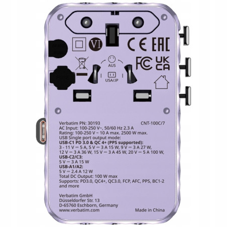 Adapter podróżny EU/UK/US GaN 100W PD fioletowy 2xUSB-C 2xUSB-A Verbat