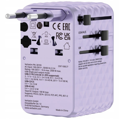Adapter podróżny EU/UK/US GaN 100W PD fioletowy 2xUSB-C 2xUSB-A Verbat