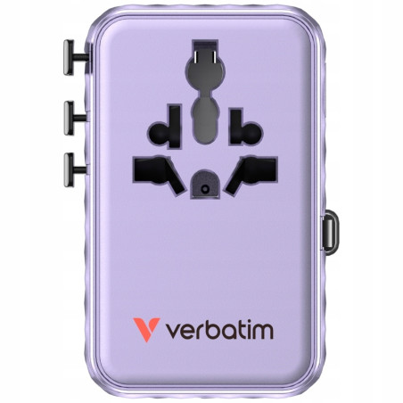 Adapter podróżny EU/UK/US GaN 100W PD fioletowy 2xUSB-C 2xUSB-A Verbat