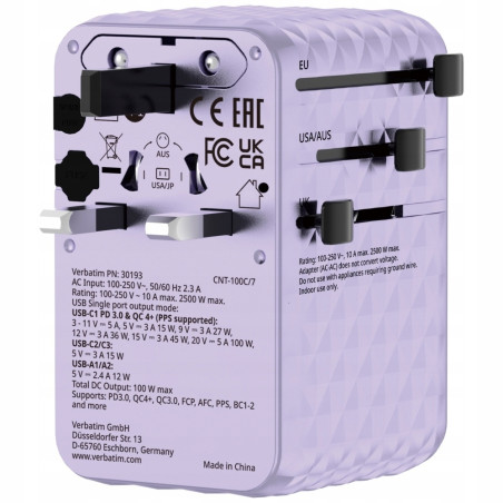 Adapter podróżny EU/UK/US GaN 100W PD fioletowy 2xUSB-C 2xUSB-A Verbat