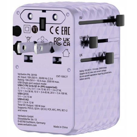 Adapter podróżny EU/UK/US GaN 100W PD fioletowy 2xUSB-C 2xUSB-A Verbat