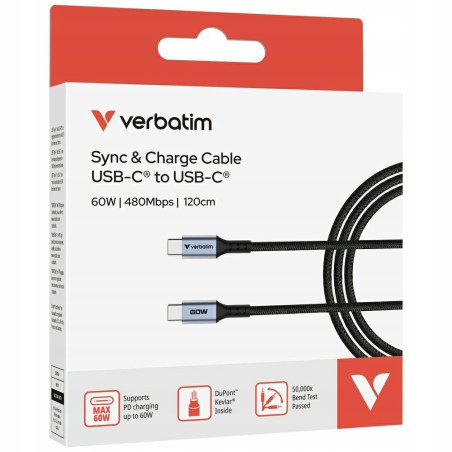 Kabel USB-C do USB-C Verbatim 60W 120cm QC PD czarny Sync Charge przew